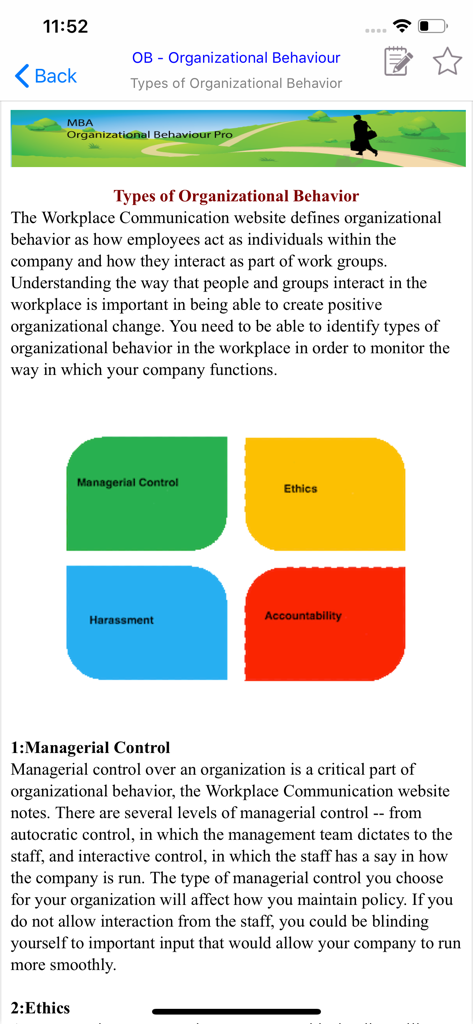 MBA Organizational Behavior - A screen from the MBA Organizational Behavior app displaying key concepts such as managerial control ethics harassment and accountability