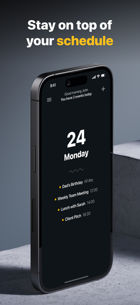 Solid Calendar - iPhone mostrando la interfaz de la aplicación Solid Calendar con una lista de eventos y reuniones diarias en modo oscuro