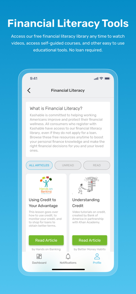 Interfaz de la aplicación Kashable mostrando su biblioteca de educación financiera con artículos educativos sobre crédito y bienestar financiero