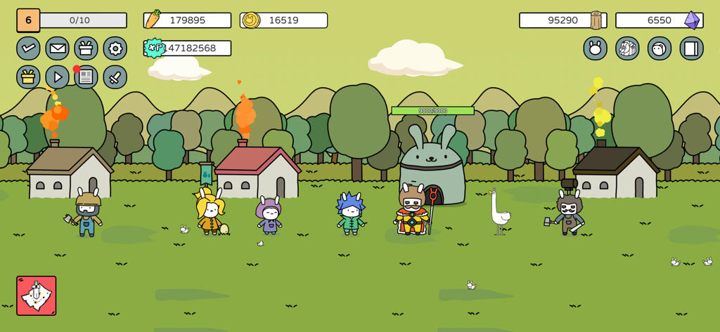 Battle Bunny:Tower Defense War - Personagens de coelhos em estilo de desenho animado doodle em um campo verde com casas e uma base de coelhos em Battle Bunny Tower Defense War