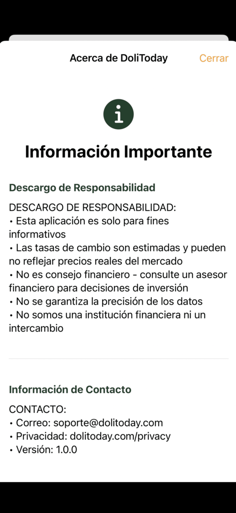 Schermata di informazioni importanti e disclaimer nell'app mobile Dolitoday che mostra dettagli di contatto e legali.