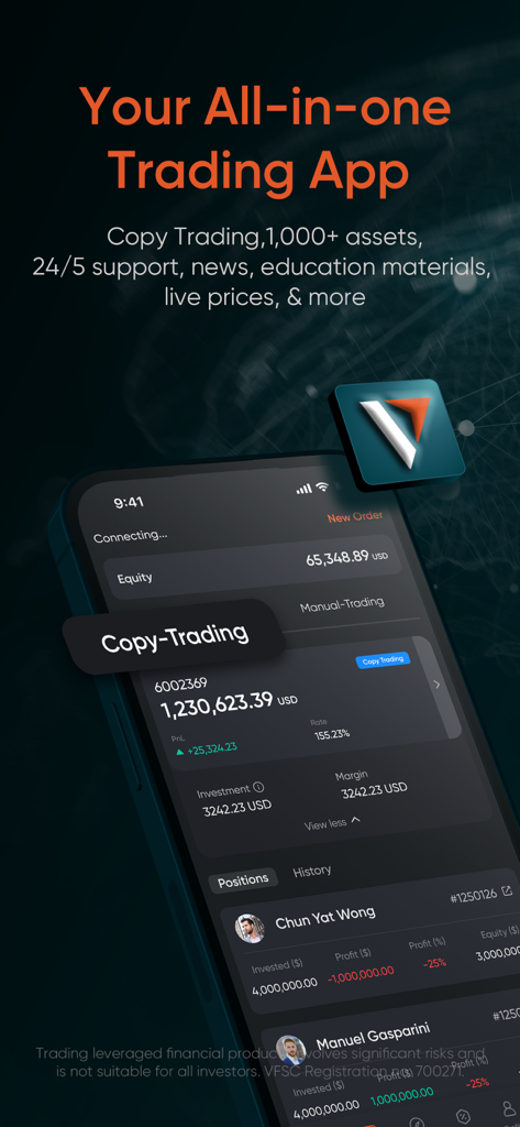 Pantalla de la app de trading todo en uno de Vantage que muestra copy-trading y detalles de la cuenta