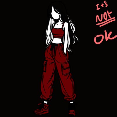 girl in baggy pants crop top and long hair