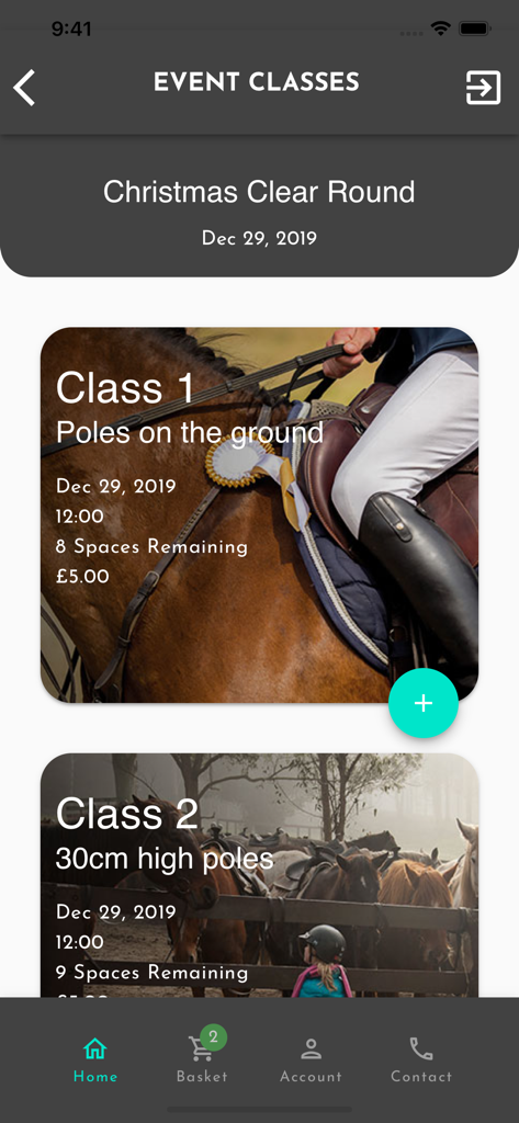 EC Pro (UK) - EC Pro mobile app screen displaying available horse riding classes for booking