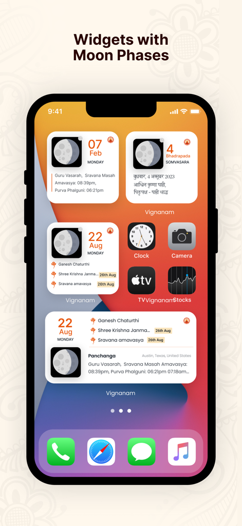Vignanam - Vignanam app widgets on an iPhone home screen showing Hindu calendar dates, moon phases, and local panchangam details for Austin Texas.
