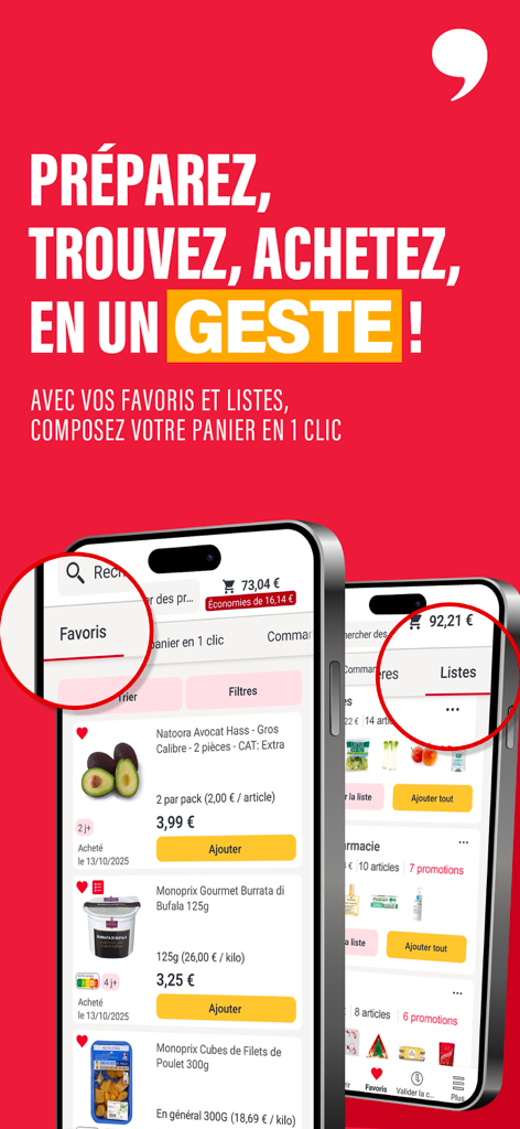 Interface de l'application mobile Monoprix mettant en évidence les favoris et les listes d'achats pour des achats d'épicerie rapides.