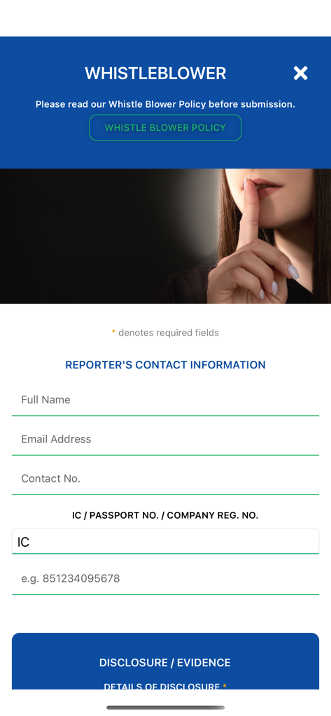 Indah Water - A screenshot of the Whistleblower report form in the Indah Water app, featuring fields for name, email, contact number, and identification.