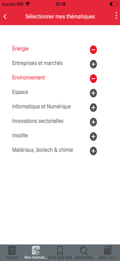 Interface for selecting personalized engineering news themes in the Techniques de l'Ingénieur app.