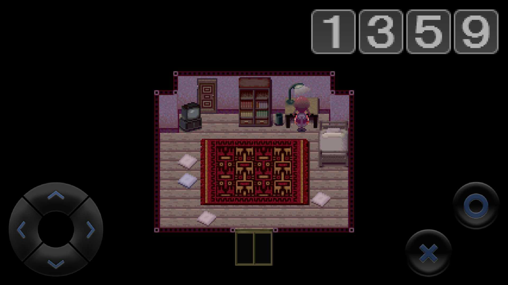 Yume Nikki - Pixel art gameplay of Yume Nikki showing character Madotsuki in her room with mobile touch controls
