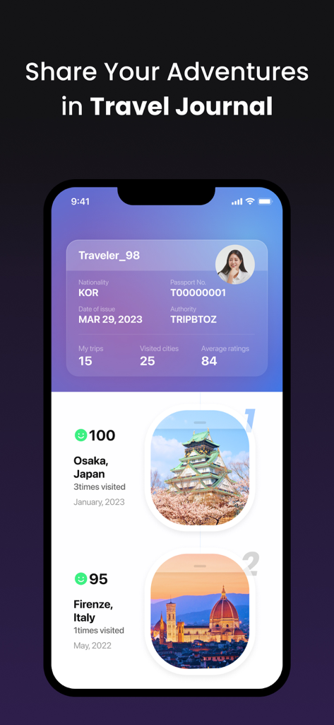 Mobile app screen showing a digital travel journal and passport profile with visited cities and trip ratings