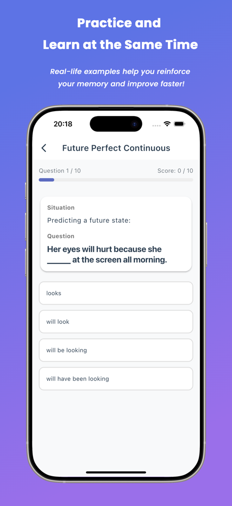 Tense Quest: 16 English Tenses - Tense Quest app quiz screen for practicing English verb tenses
