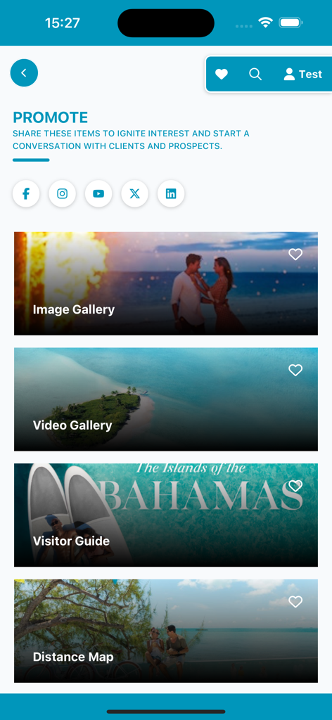 Promote screen in the Bahamas Specialist app showing marketing tools like image galleries, video galleries, and visitor guides for travel advisors.