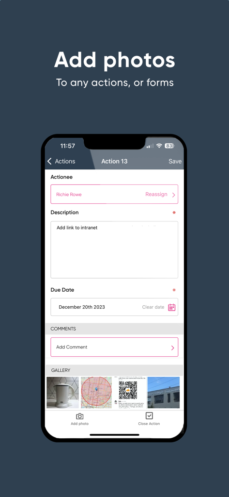 Ideagen EHS Core - Safety action form in Ideagen EHS Core with fields for description and photo evidence.