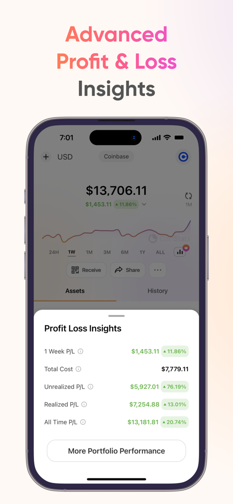 CoinStats: Crypto Portfolio - Interfaz de la aplicación CoinStats que muestra información avanzada de ganancias y pérdidas para una cartera de criptomonedas.