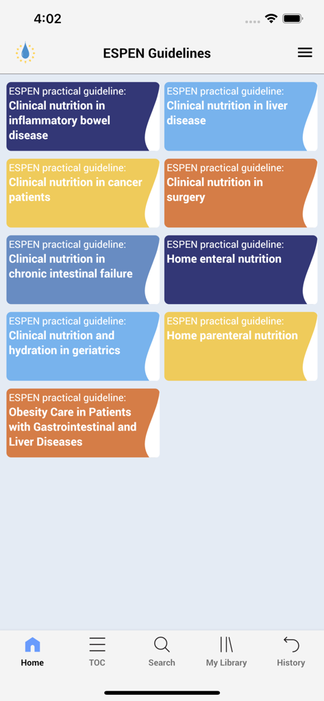 ESPEN Guidelines - Pantalla de inicio de la aplicación Guías ESPEN que muestra temas de nutrición clínica, incluyendo cáncer, EII y cirugía