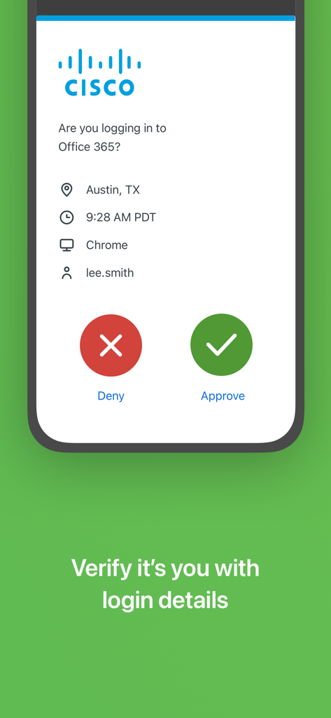 Duo Mobile app interface showing a login verification request for Office 365 with details and approve or deny buttons.