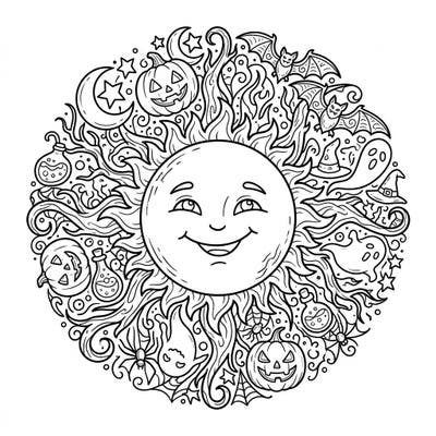 Dive into a unique Halloween coloring experience with our intricate sun mandala, bursting with festive spooky elements. This detailed design, perfect for teens, combines the warmth of the sun with the chills of Halloween for a truly creative challenge.