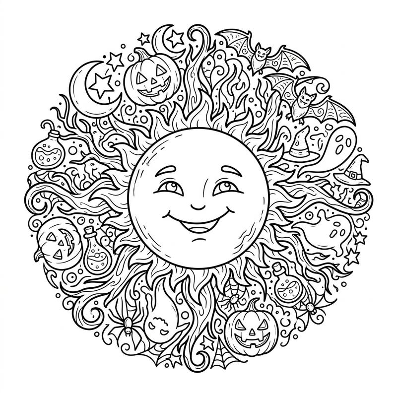 Dive into a unique Halloween coloring experience with our intricate sun mandala, bursting with festive spooky elements. This detailed design, perfect for teens, combines the warmth of the sun with the chills of Halloween for a truly creative challenge.