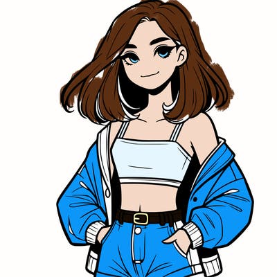 a realistic girl with a crop top and short shorts in an open jacket