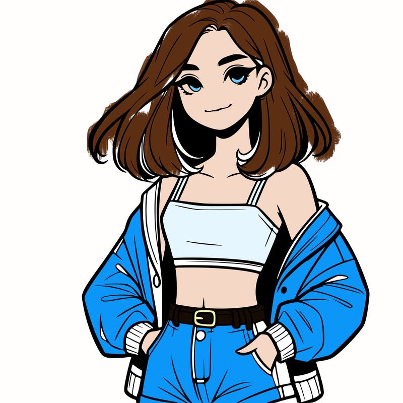 a realistic girl with a crop top and short shorts in an open jacket