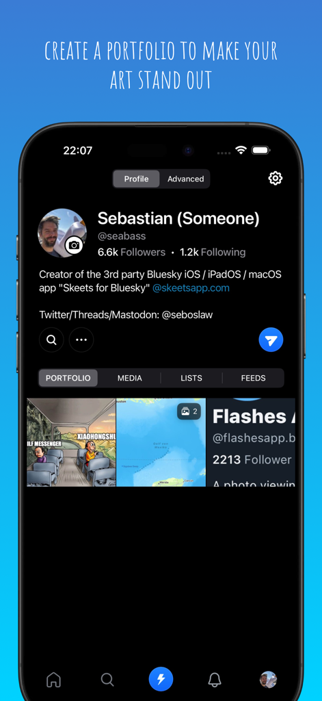 Flashes for Bluesky - User profile screen in the Flashes for Bluesky app showcasing a creative portfolio grid.