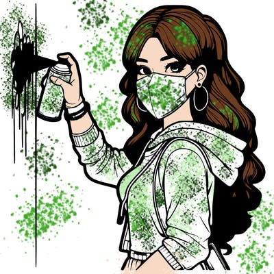 realistic girl with mask spray painting a wall