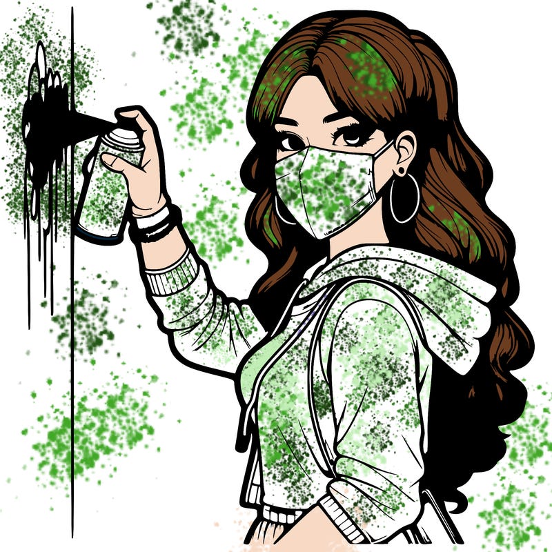 realistic girl with mask spray painting a wall