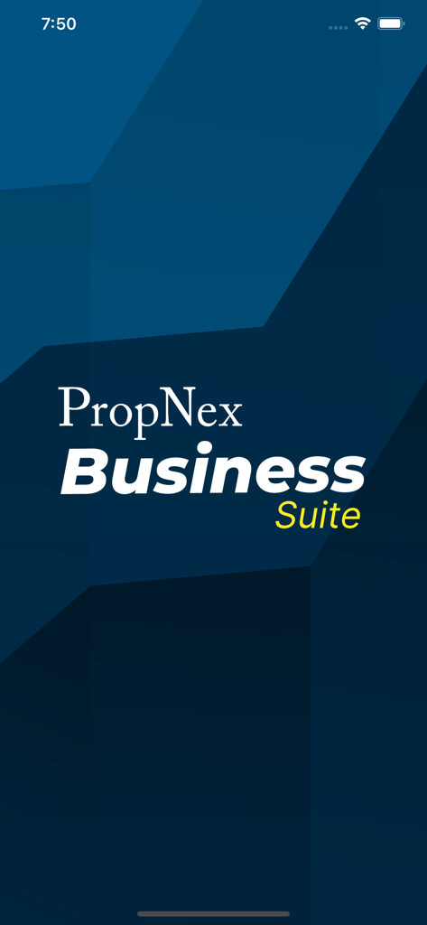 PN Business Suite - The splash screen of the PN Business Suite mobile app featuring the PropNex branding on a dark blue geometric background