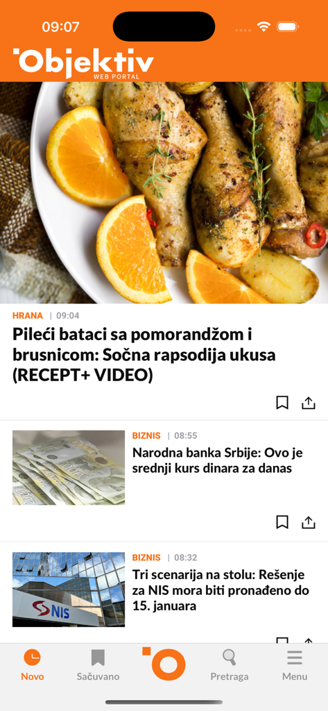 Capture d'écran de l'application mobile Objektiv affichant des articles d'actualités serbes et des recettes de cuisine