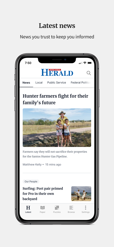 Newcastle Herald - Newcastle Herald mobile app showing the latest news feed on a smartphone