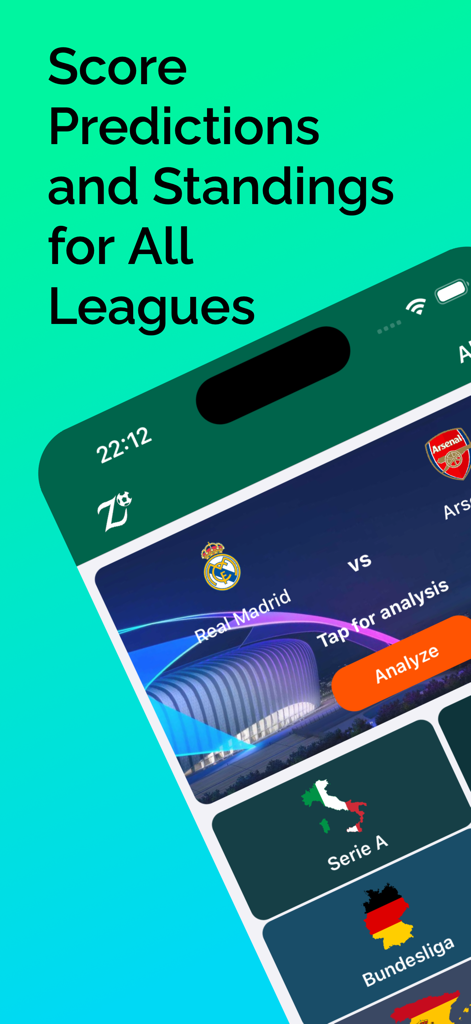 ZAP app screen showing football match analysis score predictions and league standings