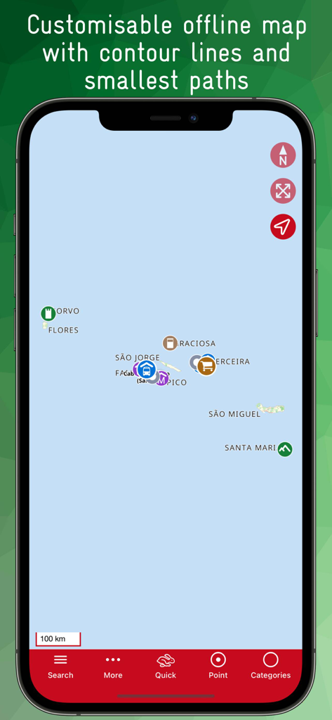 Pantalla de smartphone mostrando un mapa offline de las islas Azores con puntos de interés personalizados y rutas de senderismo