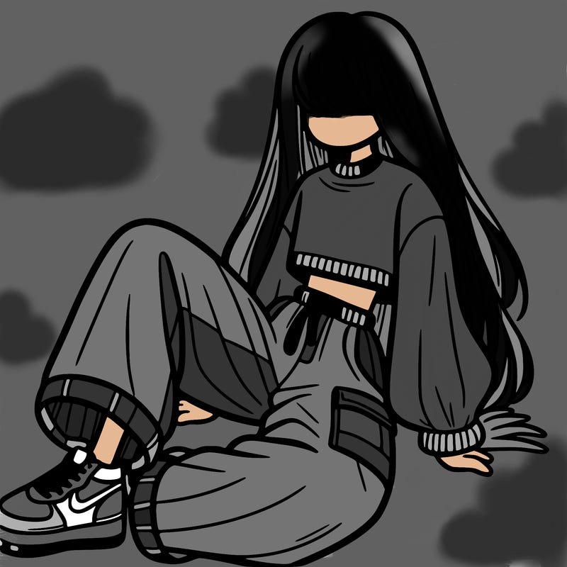 a girl with baggy pants and a crop top with long hair