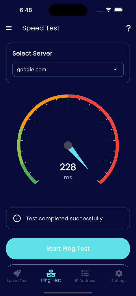 Interface of the Speed Internet Test app showing a completed ping test result of 228 ms.