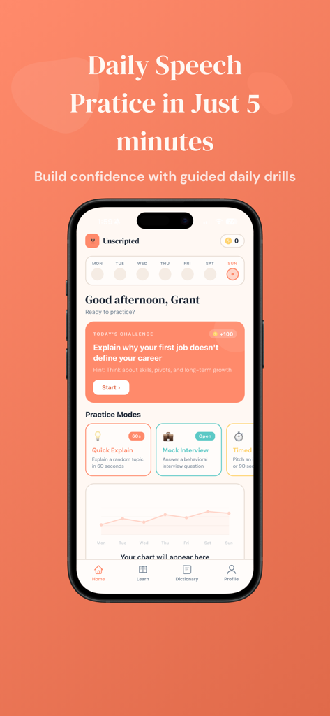 Unscripted: Articulation Coach - Unscriptedアプリのホームスクリーン。毎日のスピーチ練習ドリルと進捗状況の追跡がモバイルデバイスに表示されています。