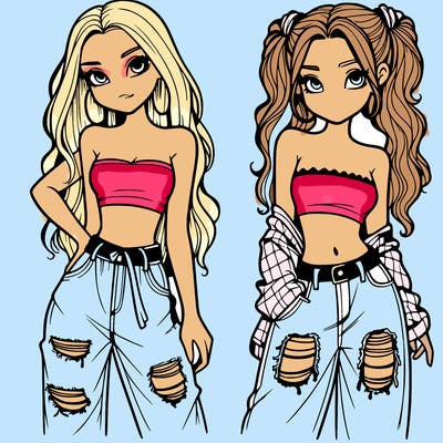 2 girls in crop tops and baggy jeans ripped
