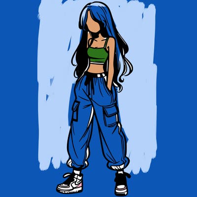 girl in baggy pants crop top and long hair