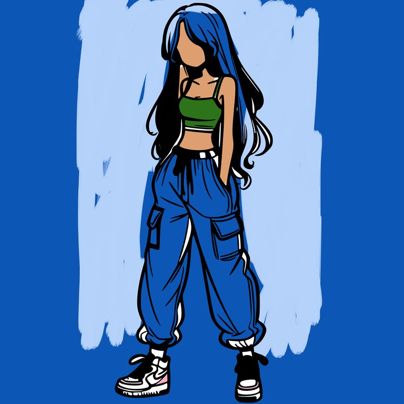 girl in baggy pants crop top and long hair