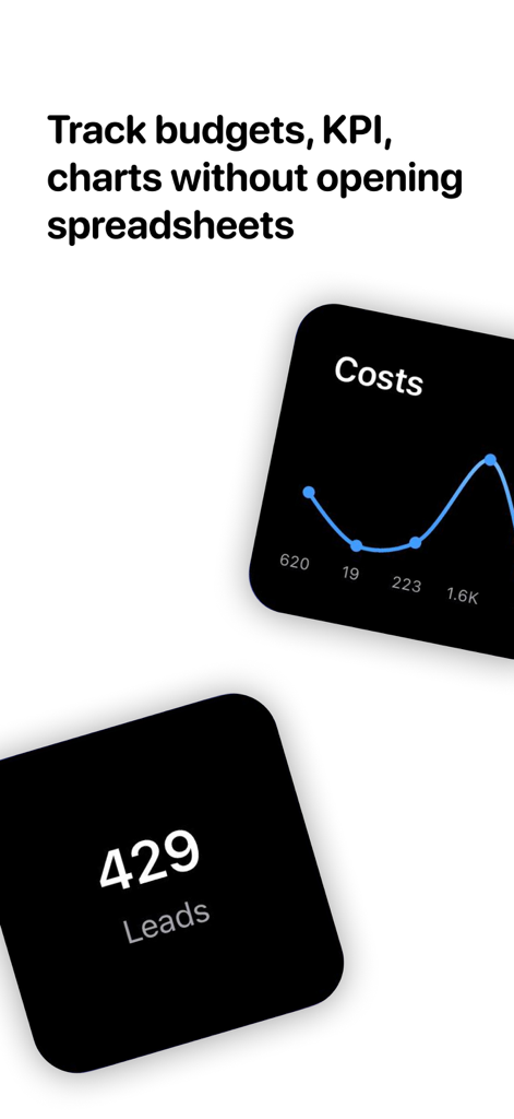 Two dark mode iOS widgets displaying a costs line graph and a leads counter tracking spreadsheet data