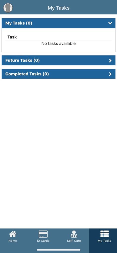 Missionary Care - My Tasks screen of the Missionary Care app showing empty lists for current future and completed tasks