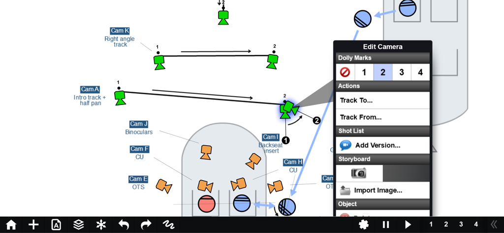 Un diagramma di blocking della telecamera professionale nell'app Shot Designer che mostra movimenti di tracciamento della telecamera e segni di dolly.