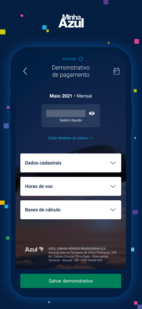 Minha Azul app screen displaying an employee payment statement including flight hours and salary details