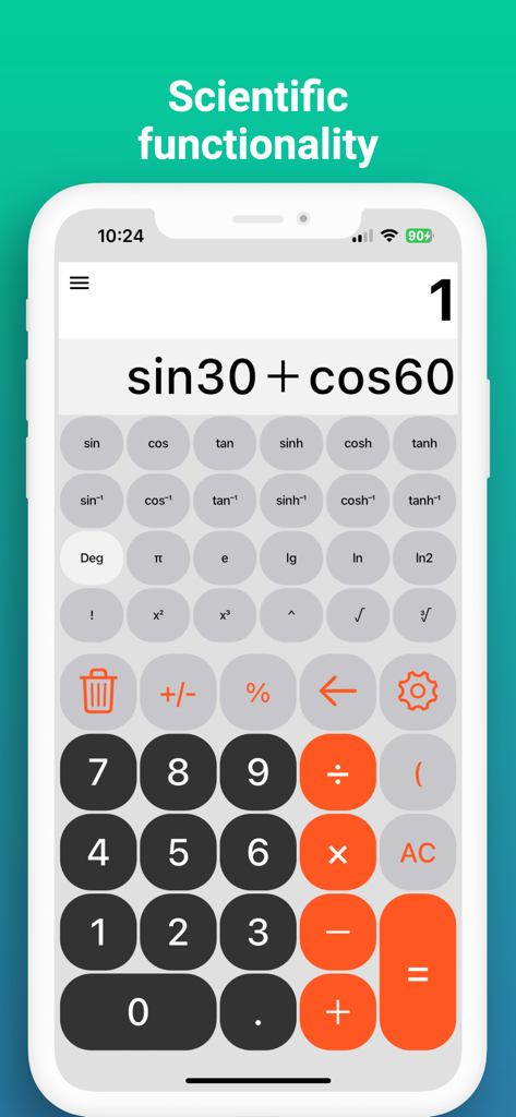 Easy Calculator with History - Interfaz de Calculadora Fácil con Historial que muestra funciones científicas y un cálculo trigonométrico