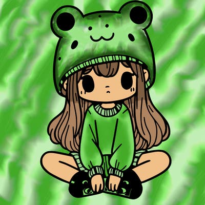 a girl wearing a frog hat and some frog socks