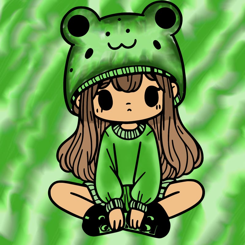 a girl wearing a frog hat and some frog socks