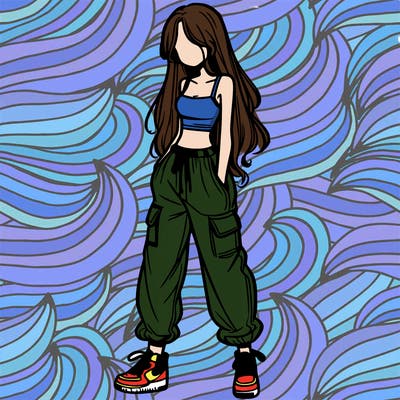 girl in baggy pants crop top and long hair