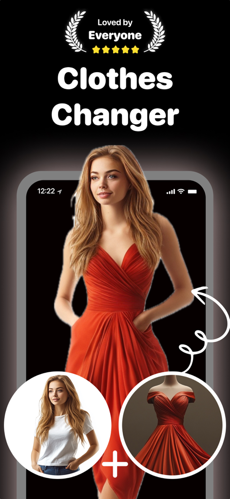 Change Clothes : OutfitCheck - AI app demonstration showing a woman virtually trying on a red dress