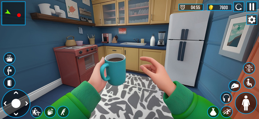 Mother Life Simulator Mom Game - Perspectiva en primera persona de una jugadora sosteniendo una taza de café en una cocina virtual de Mother Life Simulator