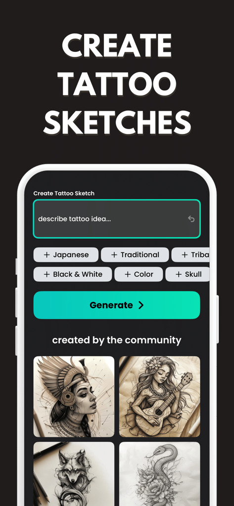 AI Tattoo Generator app interface showing a prompt field to describe tattoo ideas and style tags like Japanese and Traditional