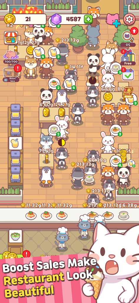 Meow Meow Cafe: Idle food Bar - A vibrant gameplay screen of Meow Meow Cafe showing various cute animal customers and cat chefs in a busy restaurant.